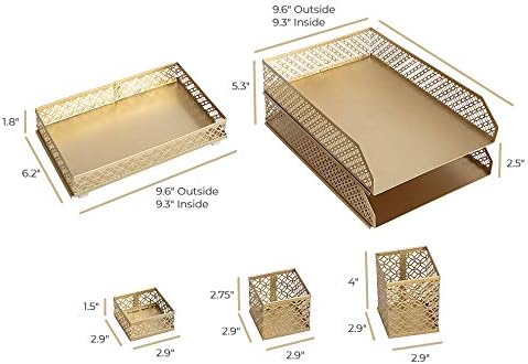 BLU MONACO | Gold Desk Organizer Set for Women 6 Piece | Mail Sorter Organizer Countertop with Letter Sorter for Desk | Steel Desktop Organizer with Mesh Pen Holders