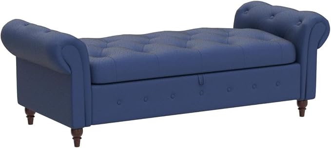 NIOIIKIT 63'' Storage Ottoman Bench, Tufted Entryway Bench Blue Polyester | Button Tufted End of Bed, Large Storage Space, Rolled Armed Ottoman Couch Long Bench for Bedroom, Living Room, Hallway