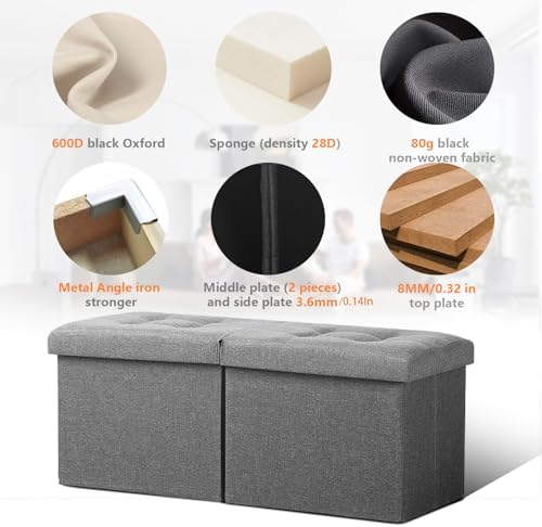 AmasSmile Footrest Ottoman Storage Bench, 34" Linen Folding Stool, Gray | Large Ottoman with Storage, Thicker Foam Padded Seat, Livingroom, Dorm, Bedroom, Entryway, Easy to install,34 x 13 x 13in