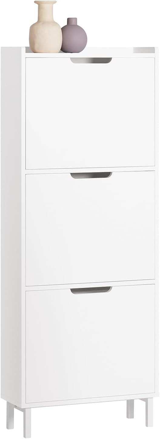 Haotian Slim Shoe Cabinet Entryway | Hidden Shoe Storage with Three Flip Drawers to Save Space, Freestanding Shoe Rack for Front Door, Entryway, Hallway (White)