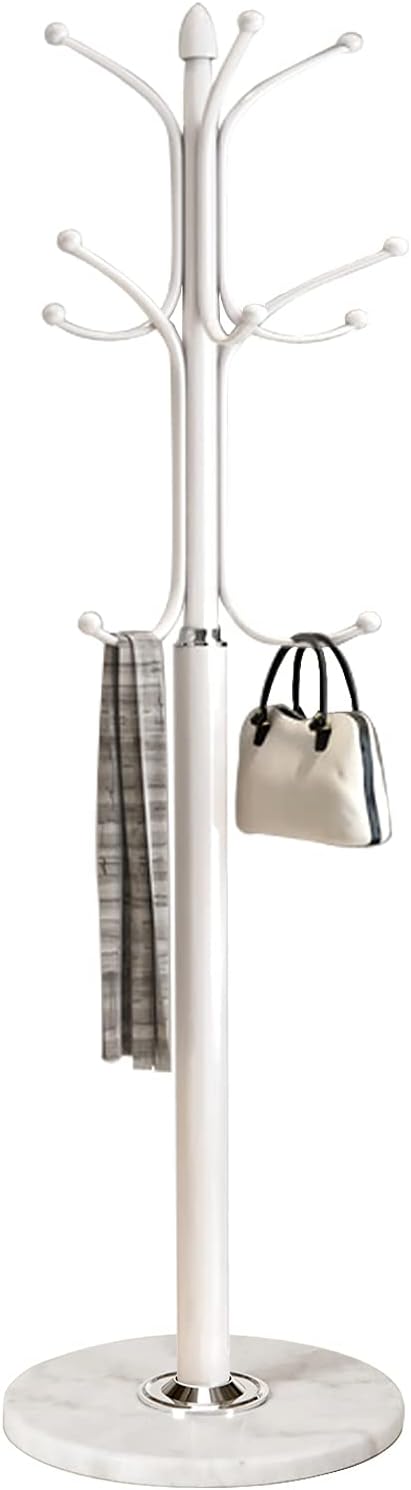 Kertnic Freestanding Coat Rack Stand, Heavy Duty Metal Hall Tree with 12 Hooks, 70 Inch Tall Stable Coat Hanger with 14.6" Natural Marble Base, Entryway Organizer for Coats Bags Hats Purses (White)
