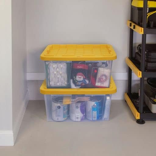 CX 27-Gallon Heavy Duty Clear Stackable Storage Bins with Lids, 2 Pack Clear/Yellow
