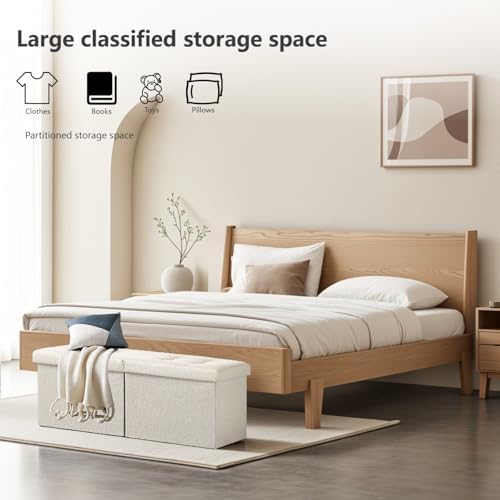 AmasSmile Footrest Ottoman Storage Bench, 34" Linen Folding Stool, Beige | Large Ottoman with Storage, Thicker Foam Padded Seat, Livingroom, Dorm, Bedroom, Entryway, Easy to install,34 x 13 x 13in