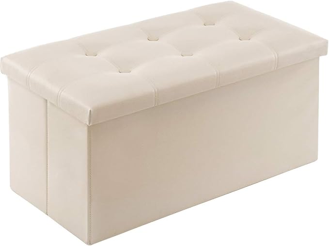 YOUDENOVA 30" Ottoman with Storage, Folding Faux Leather Bench, Beige | Foldable ottoman with hidden storage, padded faux leather seat for living room, bedroom and entryway.