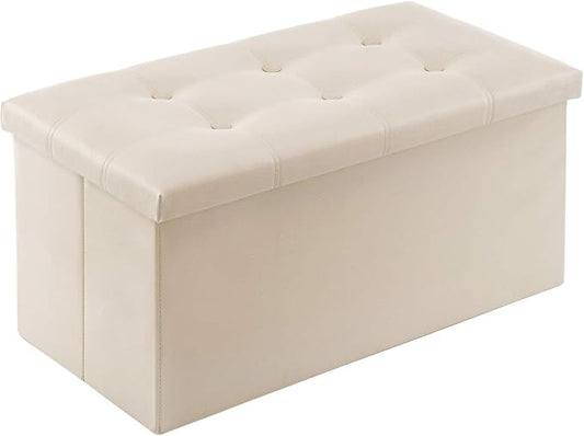 YOUDENOVA 30" Ottoman with Storage, Folding Faux Leather Bench, Beige | Foldable ottoman with hidden storage, padded faux leather seat for living room, bedroom and entryway.