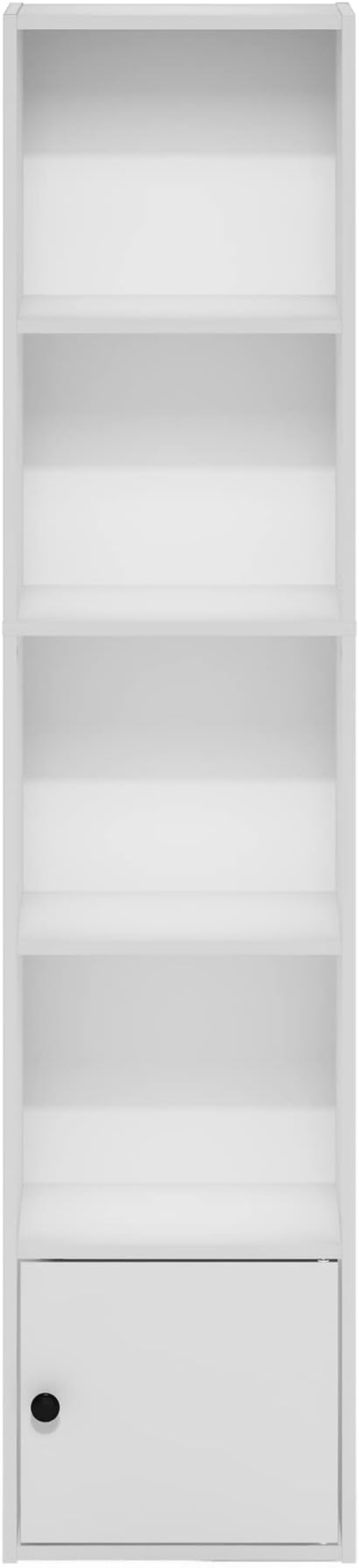 Furinno LUDER Book Shelf, 5-Tier Modern Bookshelf, Bookcase with 1 Door Storage Cabinet, 9.3 x 12 x 52, for Organization and Storage, for Living Room, Bedroom, Home Office, White