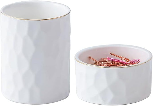 Aesthetic Desk Organizer Set of 2 For Office, Ceramic Pen Holder and Paper Clip Holder Dispenser, Cute Pencil Cup Pot for Desk, Desktop Accessories, Office Decor for women men Ideal Gifts (White Set)