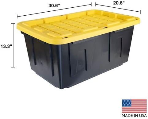 CX Heavy Duty 27-Gallon Stackable Plastic Storage Bins with Lids, 2 Pack | Storage totes for garage organization, Stackable containers, weather-resistant, snap lid, 14.3H x 20.6W x 30.6D, Black/Yellow