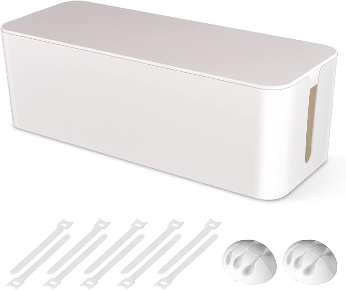 Cable Management Box, Large Cord Organizer Box to Hide Power Strip & Under Desk,TV Computer Wires Cable Organizer Hider Box with Cable Clips&Reusable Cable Ties for Home/Office(White)