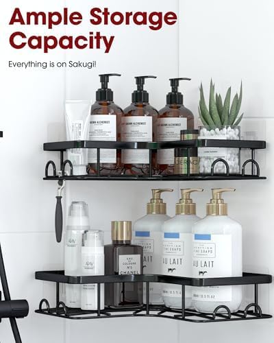 Sakugi Corner Shower Caddy - 2 Pack, Adhesive Shower Organizers, Rustproof Stainless Steel Shower Shelves with 8 Hooks, No Drilling Bathroom Organizers and Storage Racks, Space-Saving, Black, Medium
