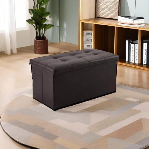 YOUDENOVA 30" Ottoman with Storage, Folding Faux Leather Bench, Brown | Foldable ottoman with hidden storage, padded faux leather seat for living room, bedroom and entryway.