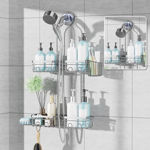 KEGII Hanging Shower Caddy for Handheld Showerheads, Silver | Rustproof Over Showerhead Organizer with Soap Dish, Toothbrush Holder and Hooks for Bathroom Shower Storage