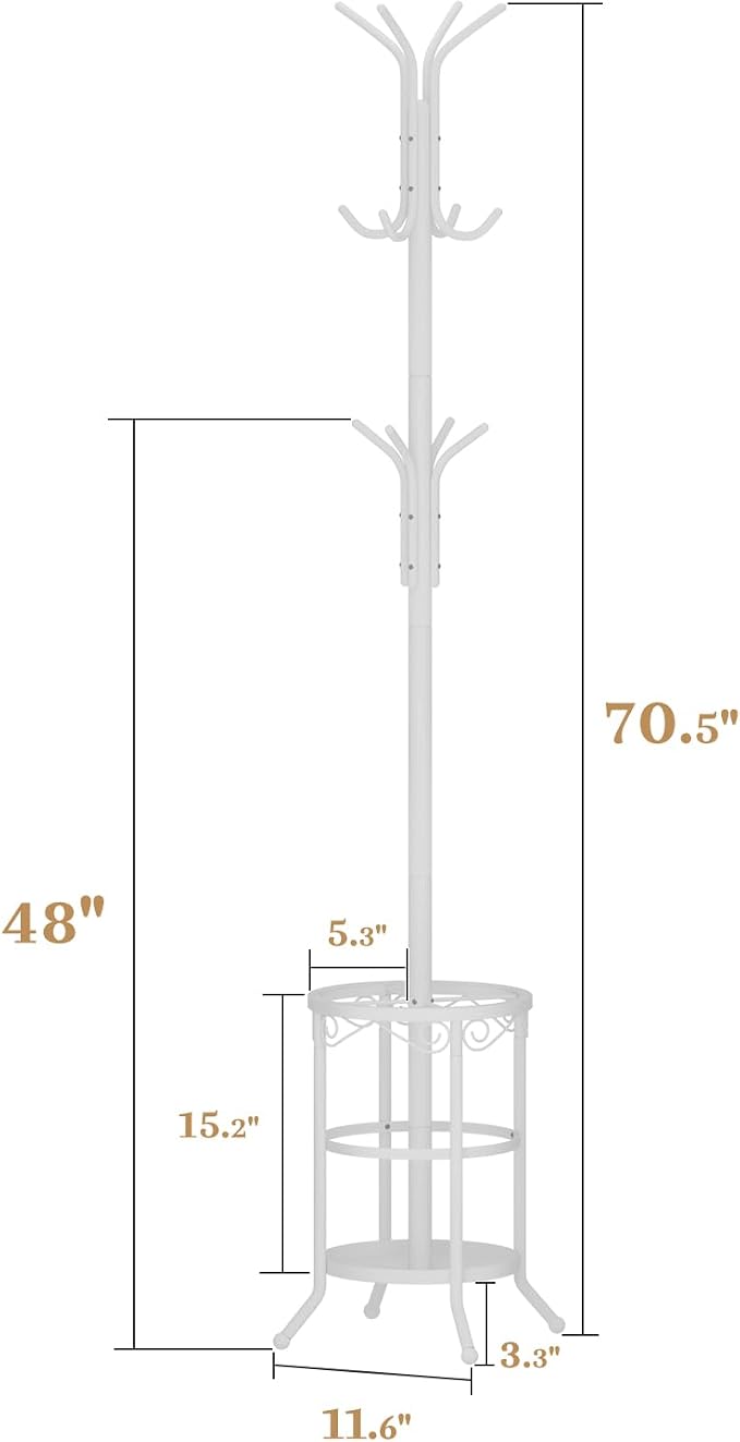 Coat Rack Freestanding with Umbrella Holder – Metal Hanger Stand, Hall Tree with 12 Hooks, Entryway Organizer for Hats, Bags, and Clothes (White)