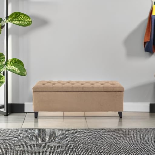 Madison Park 49" Upholstered Storage Bench, Button Tufted End of Bed Bench with Storage, Dual Spring Soft-Close Lid, Bedroom Bench for Queen King Bed, Entryway Living Room, Sand