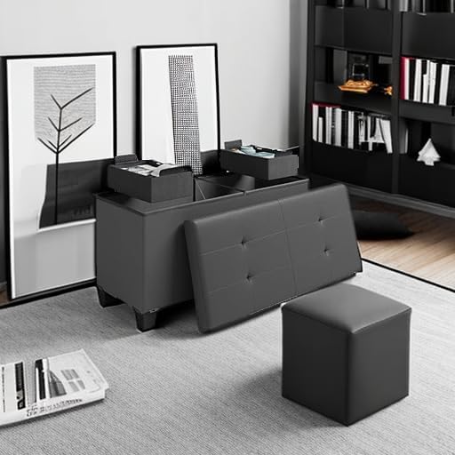 Storage Ottoman Bench with Bins, 30-in Storage Bench for Bedroom End of Bed, Folding Foot Rest Ottoman for Living Room Max 660lbs, Faux Leather Ottomans, Grey