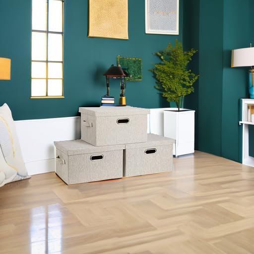 Graciadeco Medium 15" 21 Quart Collapsible Stackable Storage Bins with Lids, 3 Packs Beige Foldable Fabric Closet Boxes Heavy-duty Linen Cube Baskets Container for Bedroom Office (15 x 11 x 8) | 21 Quart 3 Pack Beige Collapsible Stackable Linen Fabric ...
