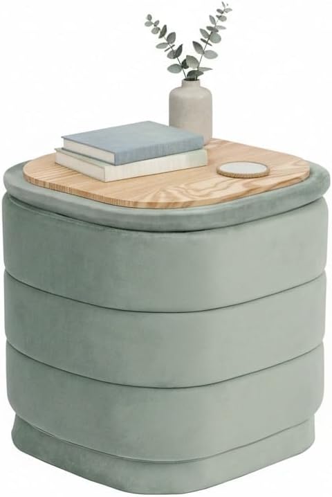 B FSOBEIIALEO Velvet Storage Ottoman with Tray, Square Folding Ottoman with Storage Coffee Table Foot Rest for Dorm Room, Living Room Sage, 15"x15"x15"