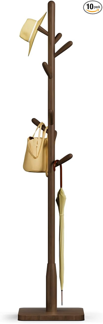 Solid Wood Square Base Coat Rack, Free Standing Hall Coat Tree with 8 Hooks（+2 spare) for Coats, Hats, Bags, Purses, for Entryway, Hallway, Rubberwood Hooks,Base and Pole,(Square Base, Dark Walnut)