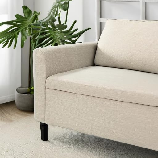 HULALA HOME 59" Storage Bench with 2 Throw Pillows & Armrests, Beige | Modern Long Bedroom Bench for End of Bed, Comfy Upholstered Fabric Footstool for Entryway Living Room