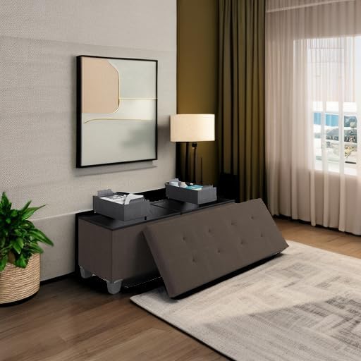 Storage Ottoman Bench with Bins, 43-in Storage Bench for Bedroom End of Bed, Folding Foot Rest Ottoman for Living Room Max 660lbs, Fabric Ottomans, Brown