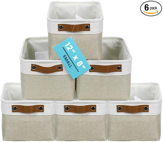 OrganiHaus 12x8in Canvas Storage Baskets, 6 Pack - Fabric Bins for Shelves | Vegan leather handles; a decorative pantry and office organizer, container for desk and books