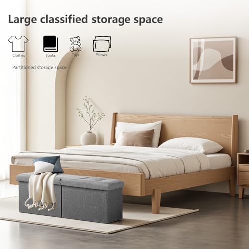 AmasSmile Footrest Ottoman Storage Bench, 34" Linen Folding Stool, Gray | Large Ottoman with Storage, Thicker Foam Padded Seat, Livingroom, Dorm, Bedroom, Entryway, Easy to install,34 x 13 x 13in