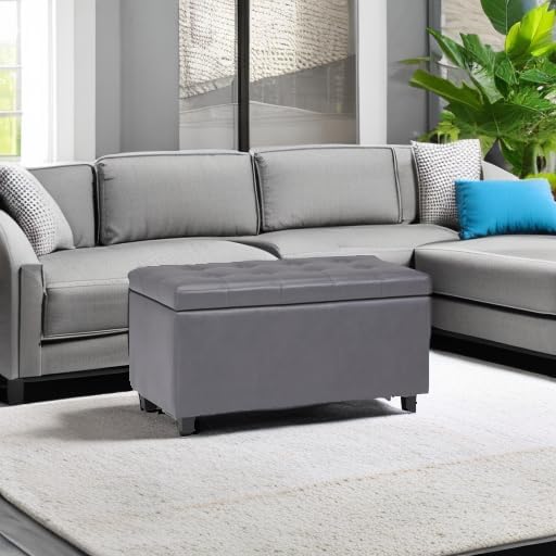 SIMPLIHOME Cosmopolitan 34" Wide Vegan Leather Storage Ottoman in Brown | Stone grey, transitional storage ottoman with tufting and lift-up lid; rectangle storage bench for living room or entryway.