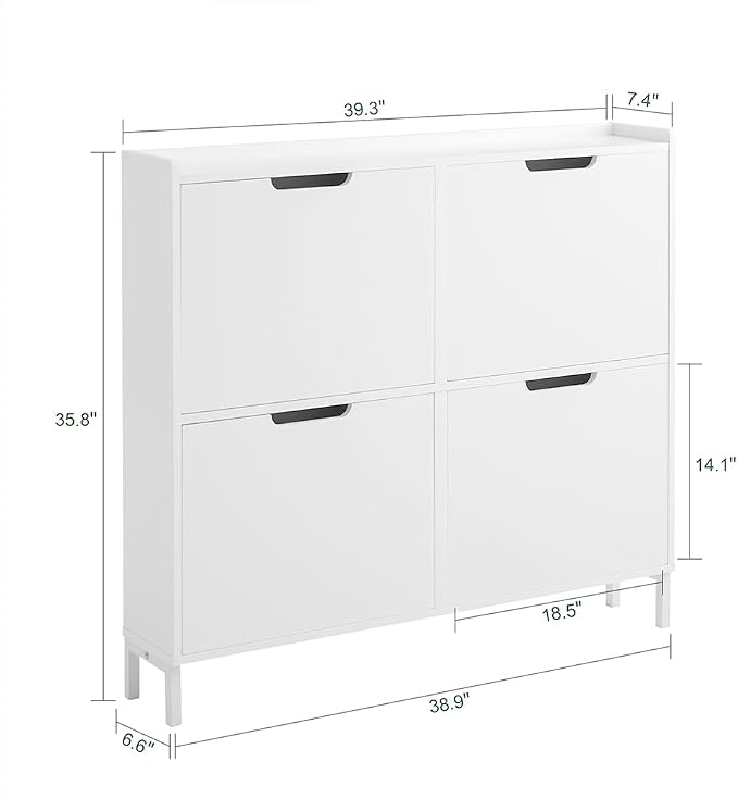 Haotian Ultra Thin Shoe Cabinet with 4 Flip-Drawers | Narrow Enclosed Shoe Rack, Slim Shoe Storage Organzier Entryway, White, FSR100-W