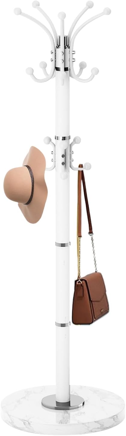 Coat Rack Stand 360°Rotary Coat Rack Freestanding with 16 Hooks | Modern Metal Coat Rack with Natural Marble Base,Coat Hanger Stand, White Coat Hall Clothes Tree for Hallway,Entryway,Office