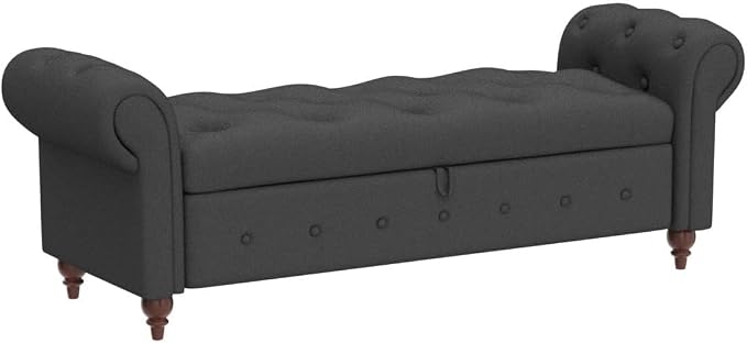 NIOIIKIT 63'' Storage Ottoman Bench, Tufted Entryway Bench Grey Polyster | Button Tufted End of Bed, Large Storage Space, Rolled Armed Ottoman Couch Long Bench for Bedroom, Living Room, Hallway