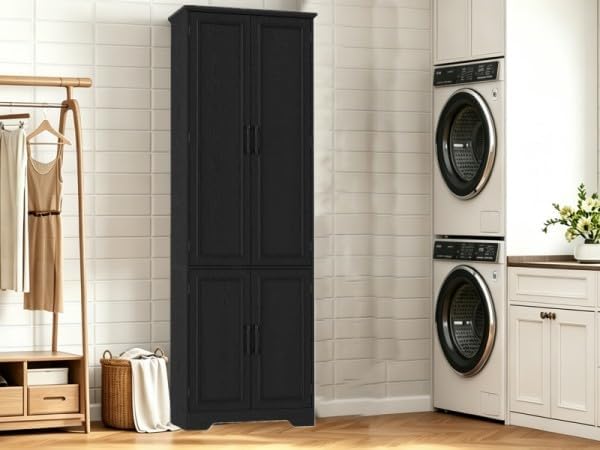 Function Home 72" Kitchen Pantry Cabinet, Tall Wood Farmhouse Storage Cabinet with Doors and Adjustable Shelves, 6 Tier Freestanding Cupboard for Kitchen Dining Room Living Room Bathroom, Black