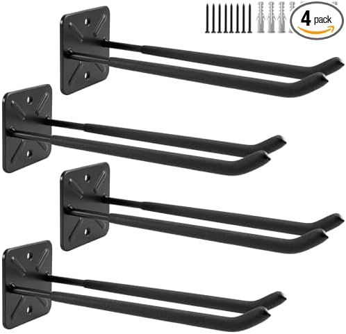 Sinoer 4 Pack Metal Wall Mount Garage Double Storage Hooks | 12.44 inch heavy double wall hooks store ladders, bikes, tires, garden tools & strollers for garage storage