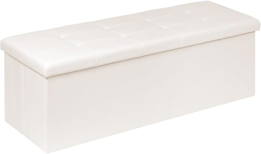 PINPLUS Folding Storage Ottoman Bench with Tray, 43.3inches Faux Leather Long Storage Chest Footrest Seat, Coffee Table, Foot of Bed Storage Bench for Living Room Bedroom, Beige