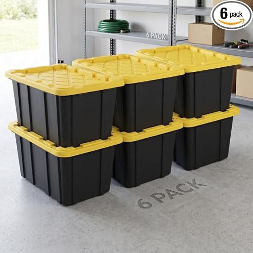 6 Pack 27 Gallon Heavy Duty Storage Bins with Snap Lids, Durable Plastic Storage Totes with Stackable Black Containers & Yellow Latching Covers for Home Garage Moving Organization