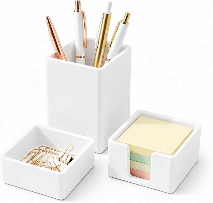 minimaliving Aesthetic Silicone Desk Organizer Set of 3,Modern Office Desk Accessories with Pen Holder,Paperclip Tray,Sticky Note Holder,Stylish Functional Office Desk Decor for Back-to-school(White)