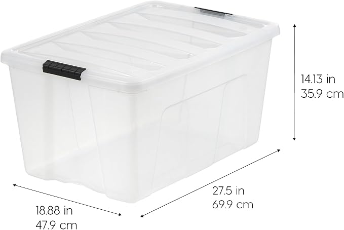 IRIS USA 4-Pack 94 Quart Storage Bins with Lids, Clear | Transparent design makes contents easy to find. Ideal for holiday décor, bulky items, and long-term storage. Nestable design