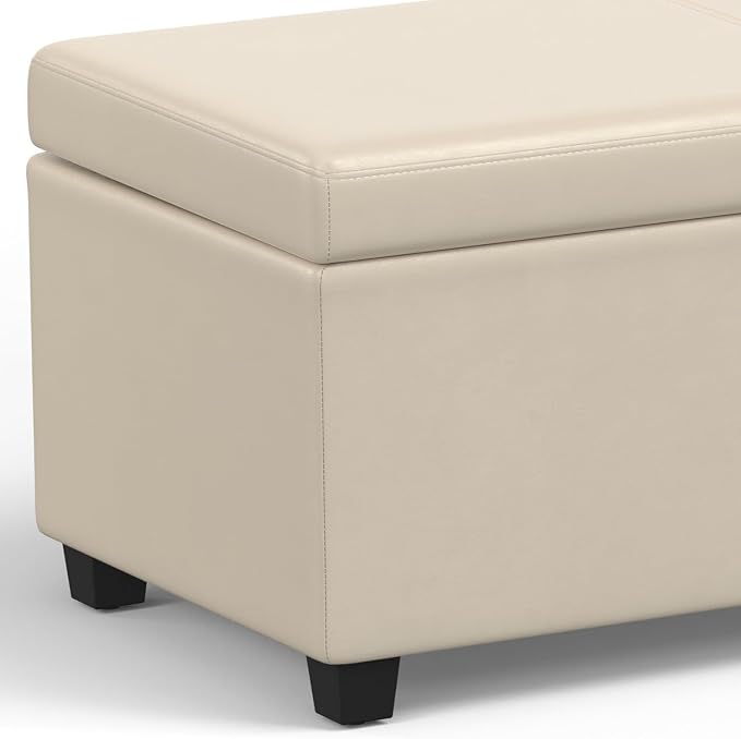 SIMPLIHOME Avalon 54" Wide Vegan Leather Storage Ottoman in Tanners Brown | Contemporary lift-top ottoman with high-density foam; rectangle storage bench or coffee table for living room or entryway.