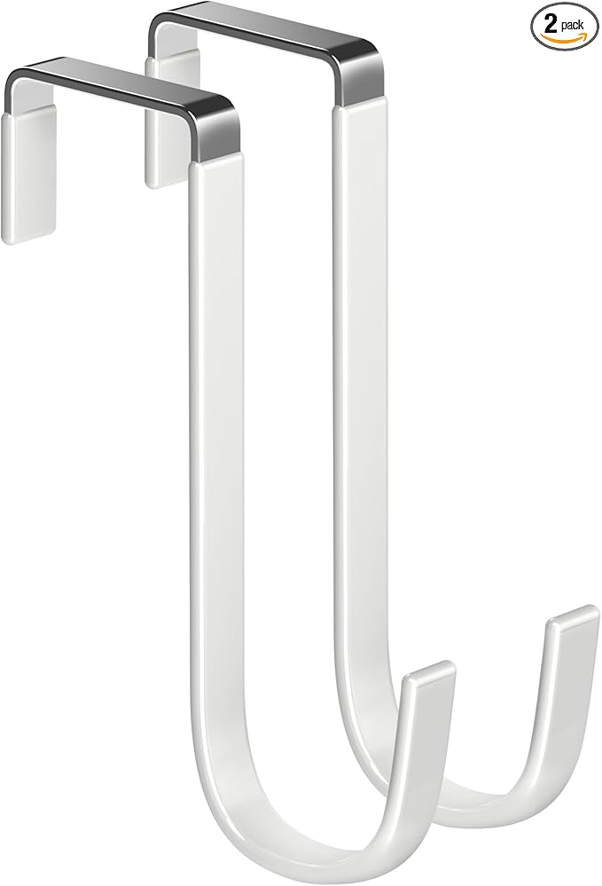Single Over Door Steel Hooks 2 Pack Fit 1-3/8" Door 5.5" White | Plastic Coated Rubber Feel Towel Rack Robe Coat Shoe Wreath Hanger No Damage No Scratch for Bathroom Heavy Duty Thin Top