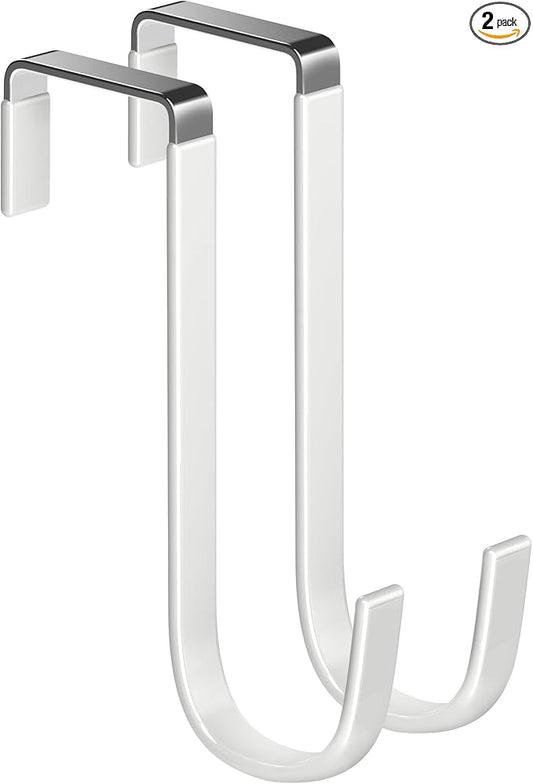 Single Over Door Steel Hooks 2 Pack Fit 1-3/8" Door 5.5" White | Plastic Coated Rubber Feel Towel Rack Robe Coat Shoe Wreath Hanger No Damage No Scratch for Bathroom Heavy Duty Thin Top