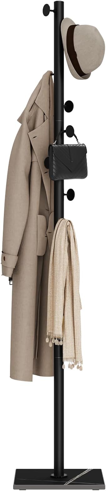 Clothes Rack Freestanding, Coat Tree with 8 Hooks, Black | Small Standing Cloth Hanger with Heavy Rock Slab Base, Modern Metal Garment Rack with 8 Hooks for Bedroom, Office