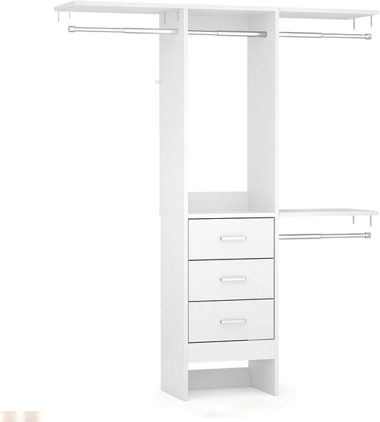 Besiost 4FT Small Closet System with 3 Fabric Drawers, 48'' Closet Organizer System With 3 Adjustable Shelves, Flexible Built-In Clothes Garment Rack for Small Space, 48" L x 13" W x 71" H, Pure White