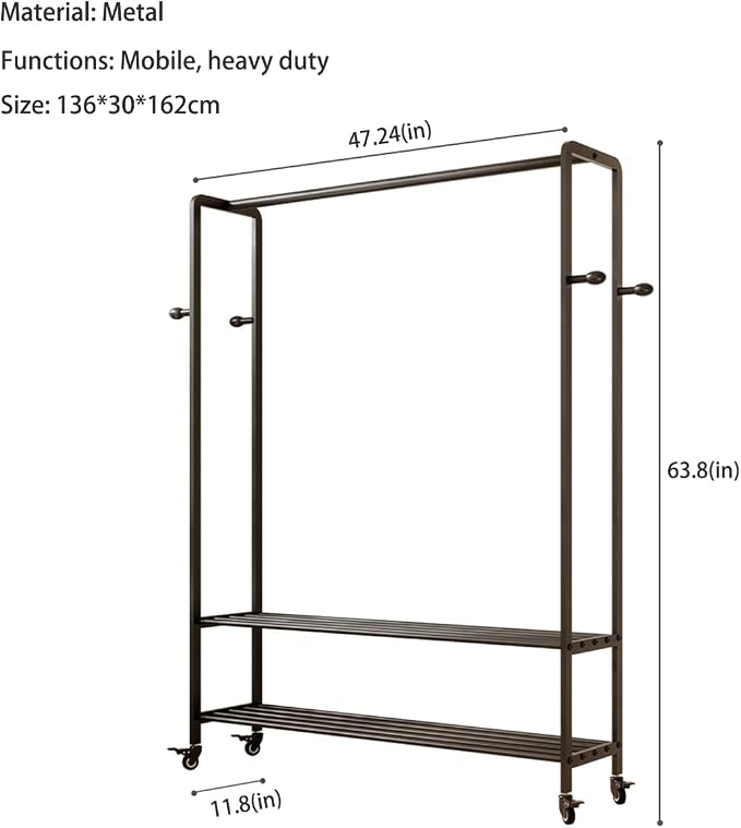 Black Rolling Garment Rack with Shelves and Hooks,Freestanding Metal Clothing Rack with Wheels,Modern Clothes Hanging Rack for Bedroom,Closet,Boutique Display