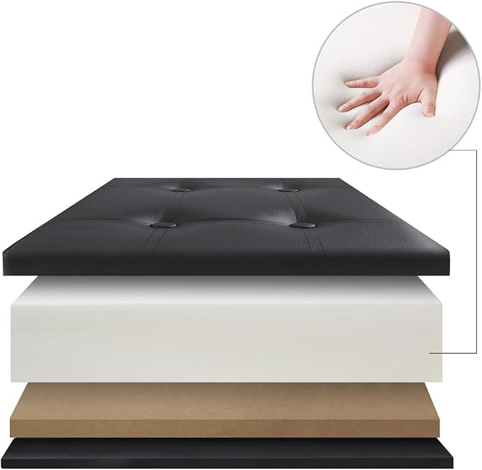 Camabel 43 Inch Folding Storage Ottoman Bench 125L Hold up 700lbs Ottoman with Storage Chest Foam Seat Padded Foot Rest Stool Faux Leather Bedroom Bench with Storage Coffee Table Black