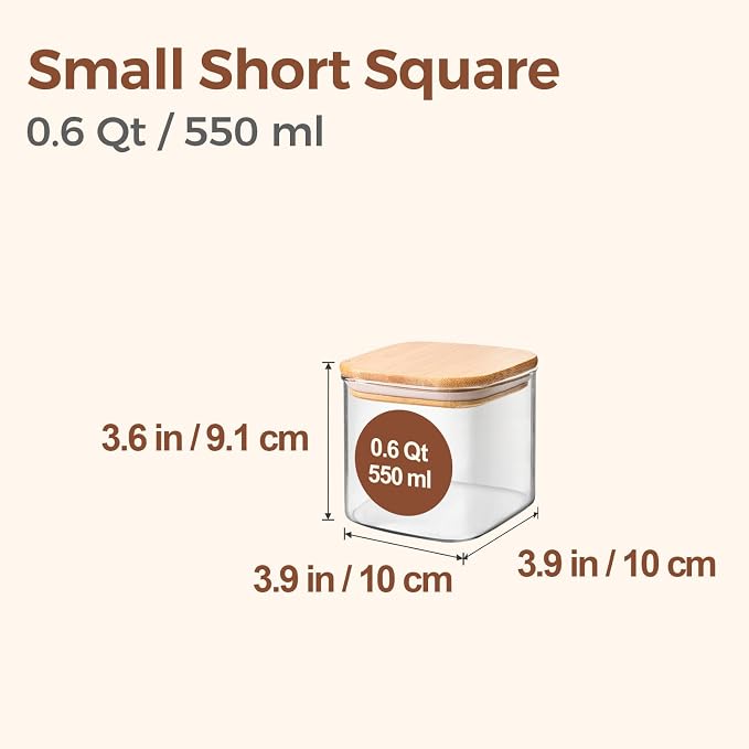 ComSaf Square Glass Containers With Lids 0.6 Qt, Set of 6 Small Galss Jars | Small Glass Canisters, Spice Jar, Pantry Organization, Snack, Cookie, Coffee Bar Organization, Size For Subpackage, BPA Free