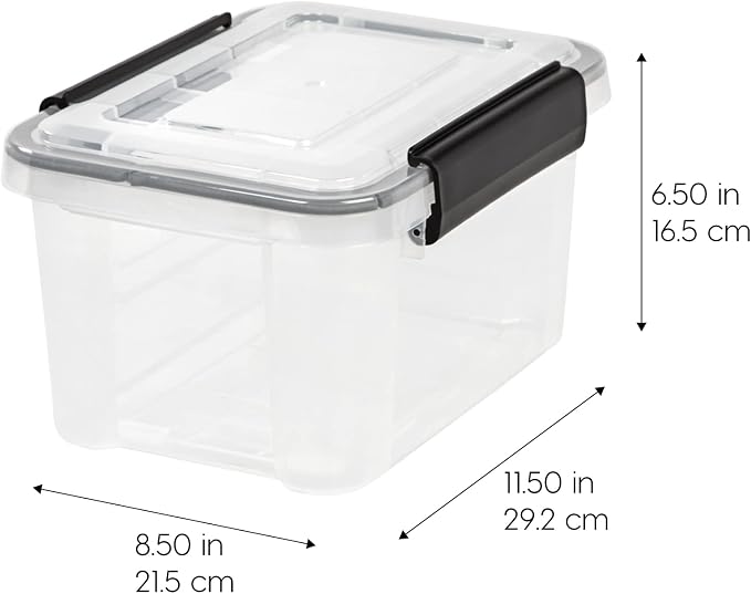 IRIS USA 6-Pack 6 Qt Storage Bins with Gasket Lids, Clear/Black | WeatherPro seal protects shoes, crafts, documents and supplies from dust and moisture