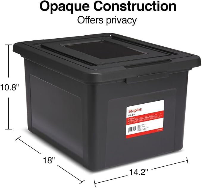 STAPLES File Box Plastic File Box Snap, Letter/Legal Size, Black, 4/Carton