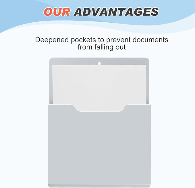 Feifeiya 2 Pcs Magnetic File Folder Wall Hanging Holder Large Pocket Paper Magazine Mail Organizer for Refrigerator Classroom Locker Whiteboard(Vertical,White Grey,12.2 x 9.4 Inches)