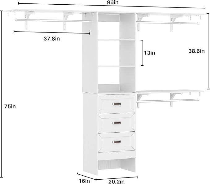 8FT Closet System with 3 Curved Drawers, 96'' Wooden Walk-in Closet Organizer with 3 Top Shelves, Adjustable Organizer System with 3 Hanging Rods, Built-in Wardrobe Storage Rack for 4-8 ft, White