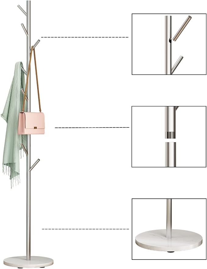 Silver Coat Racks with 8 Hooks, Branches Coat Tree Entryway, Freestanding | Modern Hat Rack, Easy to Assemble, Heavy Stable Marble Base