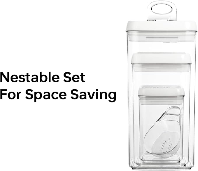 Felli Flip Tite Acrylic Food Storage Container with Lid 6” XL Air Tight Ring Seal Flip Top, Plastic Kitchen Baking Canister for 5 lb Flour Sugar Rice Protein Powder Pantry Organizer (Nest-M, White)